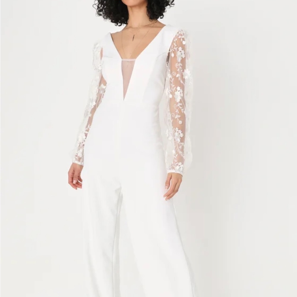 Lulu's White Lace Sleeve Jumpsuit